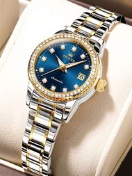 Olevs 時尚女款原創自動機械手錶,搭配閃亮鑽石錶盤和防水功能