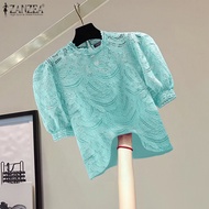 ZANZEA เสื้อแขนพองสีทึบสำหรับผู้หญิงใส่ในฤดูร้อนเสื้อเสื้อยืดคอกลมลูกไม้ปะต่อ #0908