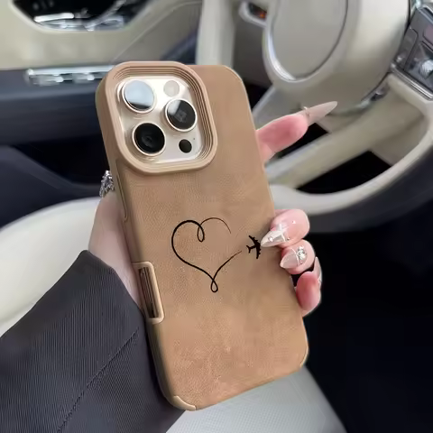 Simple Black Love Heart Airplane Route Faux Leather Phone Case For iPhone 17 16 15 14 13 12 11 Por P