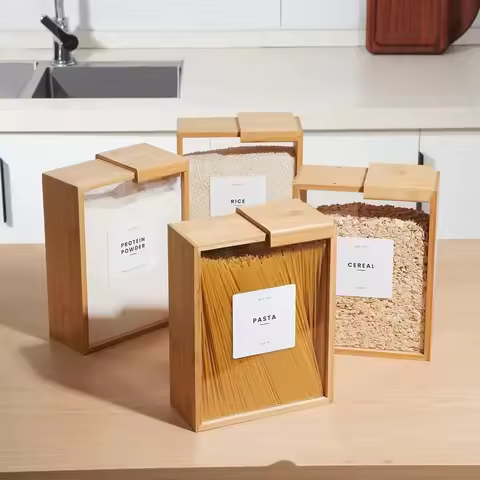 Bamboo Food Dispenser 2L Kitchen Organizer Food Storage Container Cereal Dispenser for Pantry storag