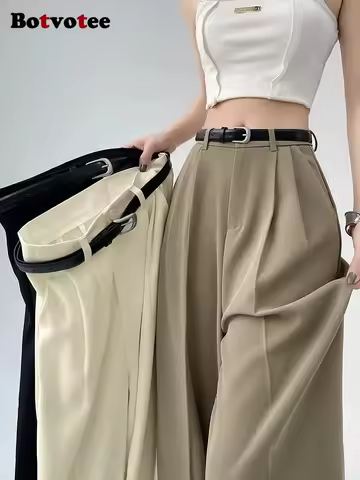 Botvotee Causal Suits Pants for Women Office Elegant Chic Wide Leg High Waisted Black Trousers with 