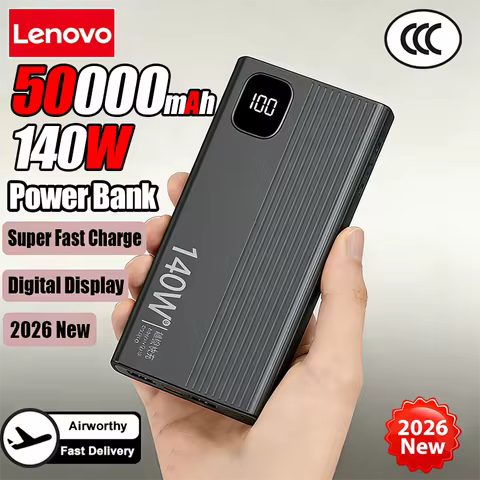 Lenovo 500000mAh 140W PowerBank Super Fast Charge Portable Powerbank External Battery Charger LED Di
