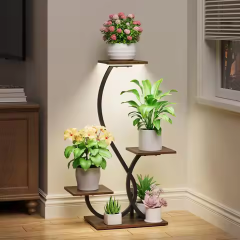 Plant Stand Indoor with Grow Lights - S-Shaped 4 Tiered Shelf for Corner, 32" Metal Flower Holder fo