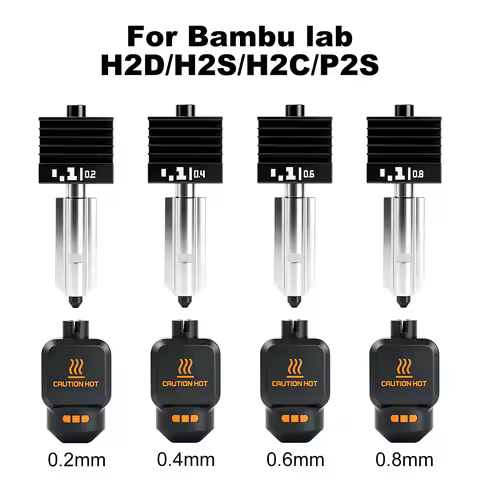 New High Quality P2S H2D H2S Hotend Kit with 0.2/0.4/0.6/0.8mm Hardened Steel Nozzle Replace Hotend 