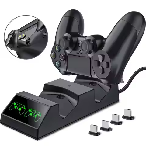 PS4 Controller Charger Charging Dock Station with 4 Micro USB Charging Dongles Dual Charging Dock fo