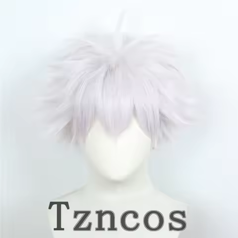 Tzncos Anime Hunter X Hunter Killua Zoldyck Cosplay Wig Short Silver White Shaggy Layered Heat Resis
