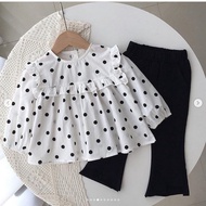 HITAM PUTIH Polkadot Blouse & Black Pants Imported Black and White Girls' Clothes Set