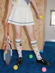 米白運動風小貓印花海軍領套裝半裙