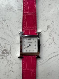 Hermes Heure 銀鑽鱷魚皮帶 手錶