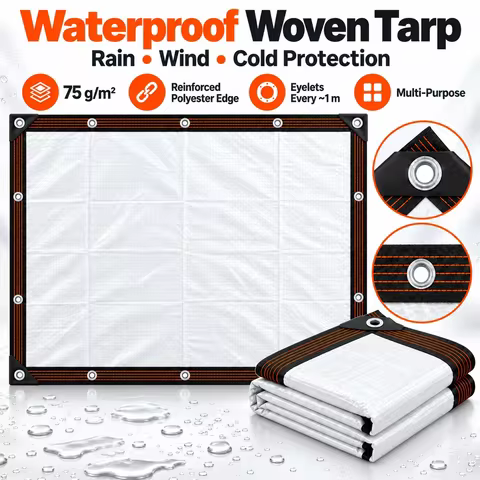 White Waterproof Woven Tarp 75gsm Rainproof Windproof Cold Protection Sheet Reinforced Eyelets for P