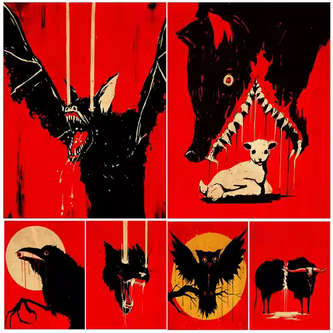 The Wolf Devours Lamb And The Bloody Crow Of The Full Moon Vintage Wall Art Horror Animals Minimalis