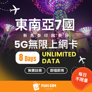 FUNSIM Travel - 新加坡 / 馬來西亞 / 泰國 / 印尼 / 越南 / 菲律賓 / 柬埔寨  8日 5G 無限數據SIM卡