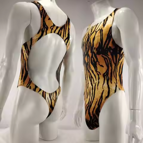 Mens G3934 Leotard bodysuit thong T back Printed Pattern Swimsuit fabric