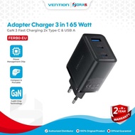 Vention 3 in 1 65W 2X Type C Charger Head Adapter - USB GaN 3 Fast Charging Wall Charger Black -