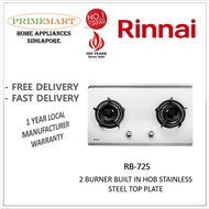 Rinnai RB-72S 2 Burner Built-In Hob Stainless Steel Top Plate - 1 Year Local Manufacturer Warranty
