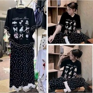 Bigsize 60-90kg Set of women's printed short-sleeved cotton t-shirts mixed with long straight pants 