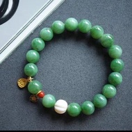 10mm天然和田玉 /和闐玉-碧玉貓眼.鹿角南瓜珠銀蓮篷設計單圈手串