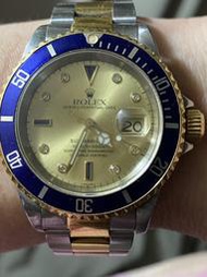 Rolex Submariner16613SG K18YG+SS黃金+不銹鋼間金款 鑽石+藍寶石時標金色面盤 潛水錶帶扣
