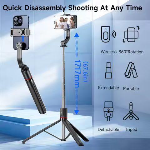 F15 Selfie Stick Tripod with Bluetooth Remote, 6-Section Extendable Pole, 360° Rotation, Fill Light