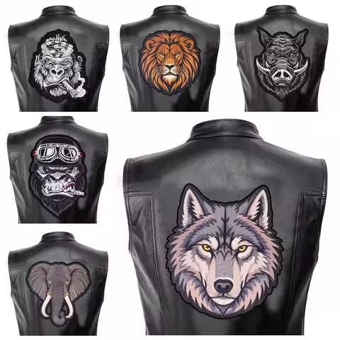 2026 New Leather Back Large Embroidered Patches Motorcycle Biker Patch Wolf Lion Monkey Patches Iron