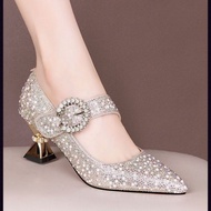 Belt Buckle High Heels Thick Heel Pointed Toe Shoes Women's Shoes Pearl Rhinestone Buckle Shoes Pump