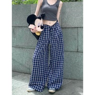 VELIN M-2XL Wanita Korean Plaid Pants Retro Seluar Panjang Pinggang Tinggi Seluar Lebar
