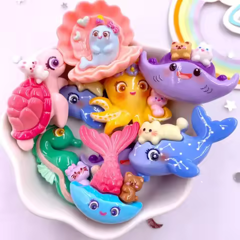 7pcs Colorful Resin Kawaii Shell Seahorse Dolphin Octopu Turtle Styles Ocean Animal Flatback Figurin