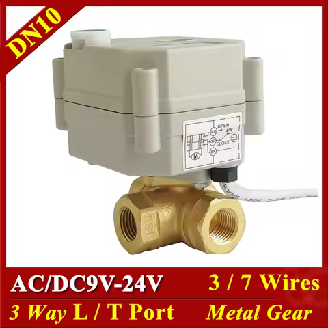 1/4" 3/8'' brass 3 way L/T port electric ball valve DN8 DN10 motorized valve AC/DC9V-24V 3/7 wires f