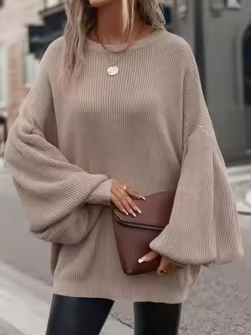 Women's Beige Oversized Rib Knit Sweater Balloon Sleeve Casual Loose Pullover