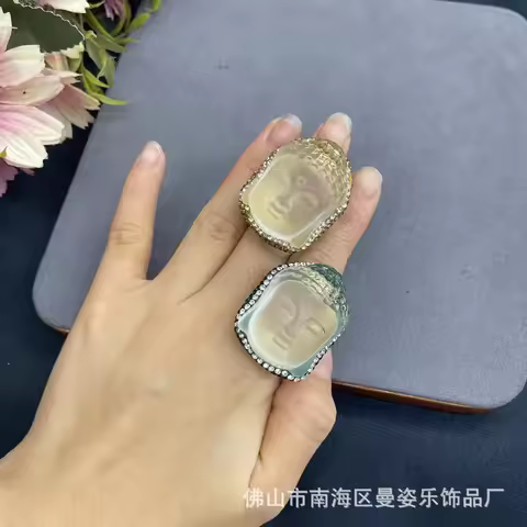 Glazed white crystal Buddha head ring 18K real gold color retention electroplating live mouth adjust