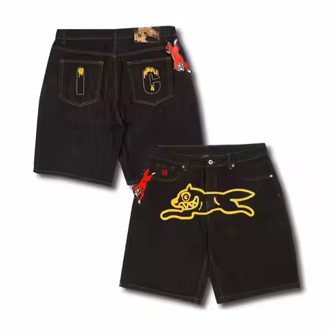 Dog Embroidered Jeans Men Shorts Skull Head Pocket High Elastic Feet Middle Pants Worn Out 3D Print 