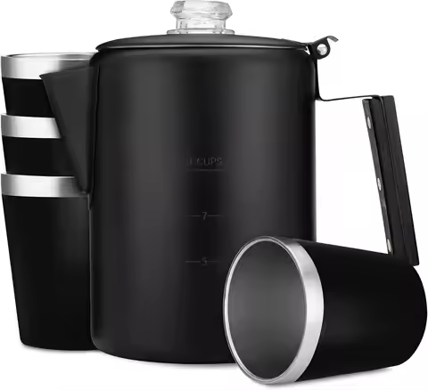 Bozeman & Scouts Coffee Set – 9-Cup Percolator, 10 oz Double-Wall Stainless Steel Cups, No Aluminum 