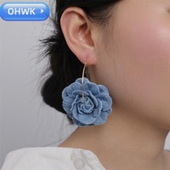 OHWK Denim Blue Fabric Earrings, Handmade Denims Blue Rose Earrings, Exaggerate Ornament Denim Flora