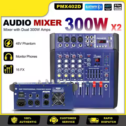 PMX 4/6/8/10/12CH Powered Mixer 2x300W Bluetooth 16 DSP Effects 48V Phantom Power 2-Band EQ Live Str