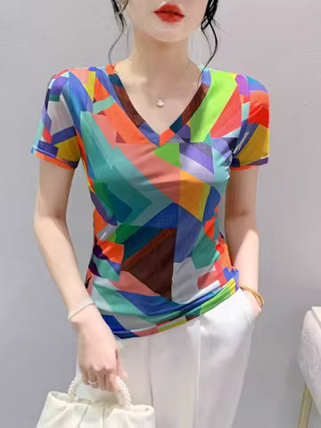 S-3XL Summer Fashion Printing Short Sleeve T-shirt Women V-Neck Slim Fit Tops Stretchy T Shirts For