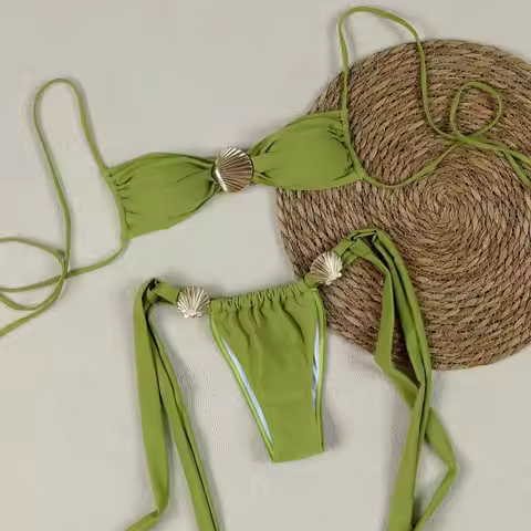 DEKA Women Brazilian Metal Shell Bikini Set Ornament Swimwear String Micro Bikini Thong Swimsuit Kno