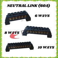 NEUTRAL LINK 60A C/W INSULATED MOUNTING BRACKET - (6WAYS , 8WAYS AND 10WAYS)