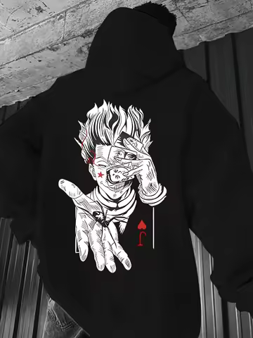 Men's Black Hisoka Hunter x Hunter Anime Hoodie with Joker Card Back Print, Gothic Streetwear Pullov