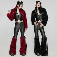 龐克維京獵手仿皮草套裝 - 紅 / 黑 / 短外套 / 腿套 / 毛絨