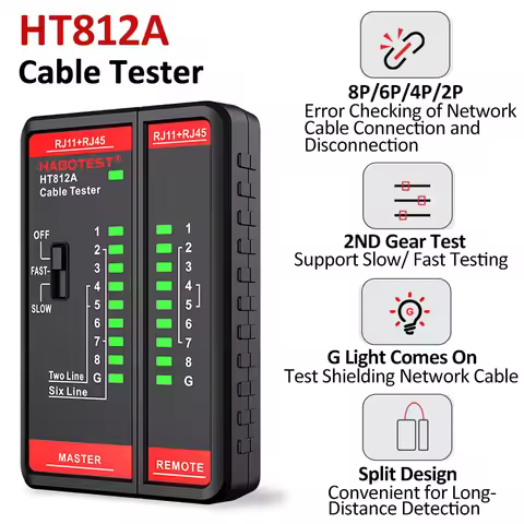HT812A RJ45 RJ11 Network Cable Tester 8P/6P/4P/2P Cable lan Tester Dual-use Tester LED Status Displa