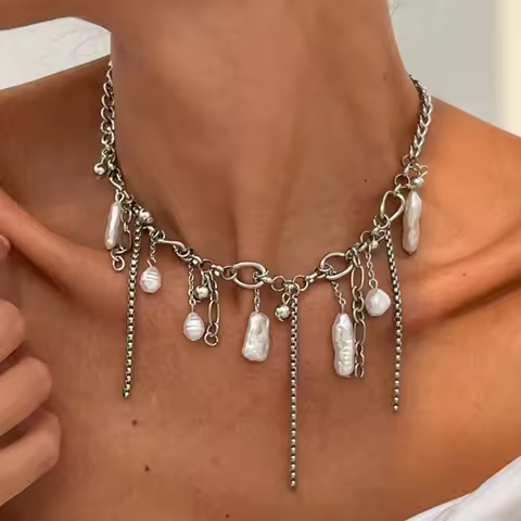 Multi-layer Imitation Pearl Metal Tassel Necklace Jewelry Gift