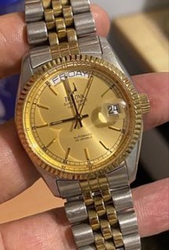 寶路華 Bulova super Seville Day & Date 36mm自動機械錶，ETA2834-2，圈黃铜包厚金，舊錶工藝，非鍍金，珠帶實心，已做抹油，1年保養