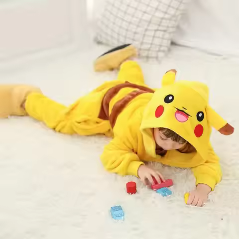 Smile pikachu Costume For Boys Girls Onesie Anime Winter Pajama Flannel Warm Suit Pokemon Kigurumis