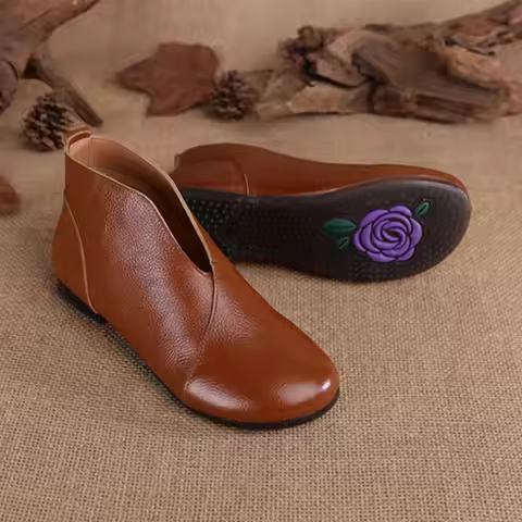 V Neck Concise Monk Shoes Women's Genuine Leather Ankle Boots Ladies Designer Red Booties Woman Slip