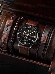 5入組男士西裝棕色羅馬帆布錶帶簡約時尚石英錶+棕色PU皮手鐲，適合日常佩戴和送禮