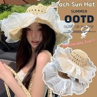 ​​Lace Trim Shading Straw Hat Foldable Sun Hat Summer Travel Anti UV Beach Hat Topi Pantai Wanita 沙滩