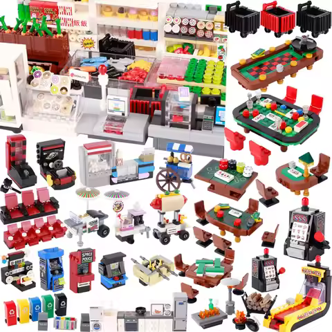 City Street View Scene Building Blocks Furniture Supermarket Cinema Games Console Kitchen Appliances