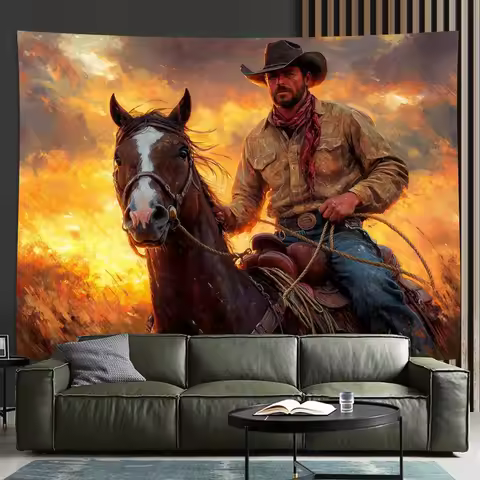 Vintage Denim on horseback, golden sunset dynamic action polyester wall hanging for any occasion-rus