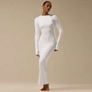 Soft Touch Long Sleeve Fitted Midaxi Dress Basic Spring Summer Cute Casual Vacation White Dresses Fo