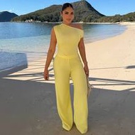 Women's Summer Casual Lemon Yellow Pleated Asymmetrical Shoulder Top And Pants Set,Elegant Vacation 